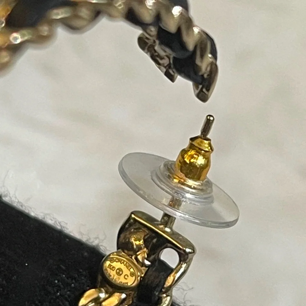 CHANEL Gold and Black Crystal CC Hoop Earrings